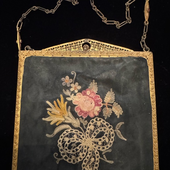 Exquisite Floral Embroidered Evening Bag, French, enamel, w/ mirror, filigree - Picture 2 of 14